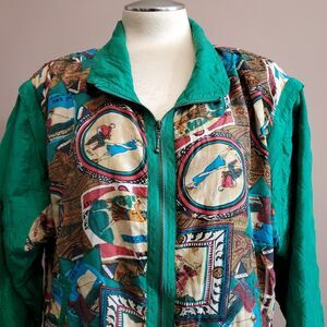 Mureli Silk Bomber Jacket Women Petite L Golf Theme Full Zip Granny 80s Vintage